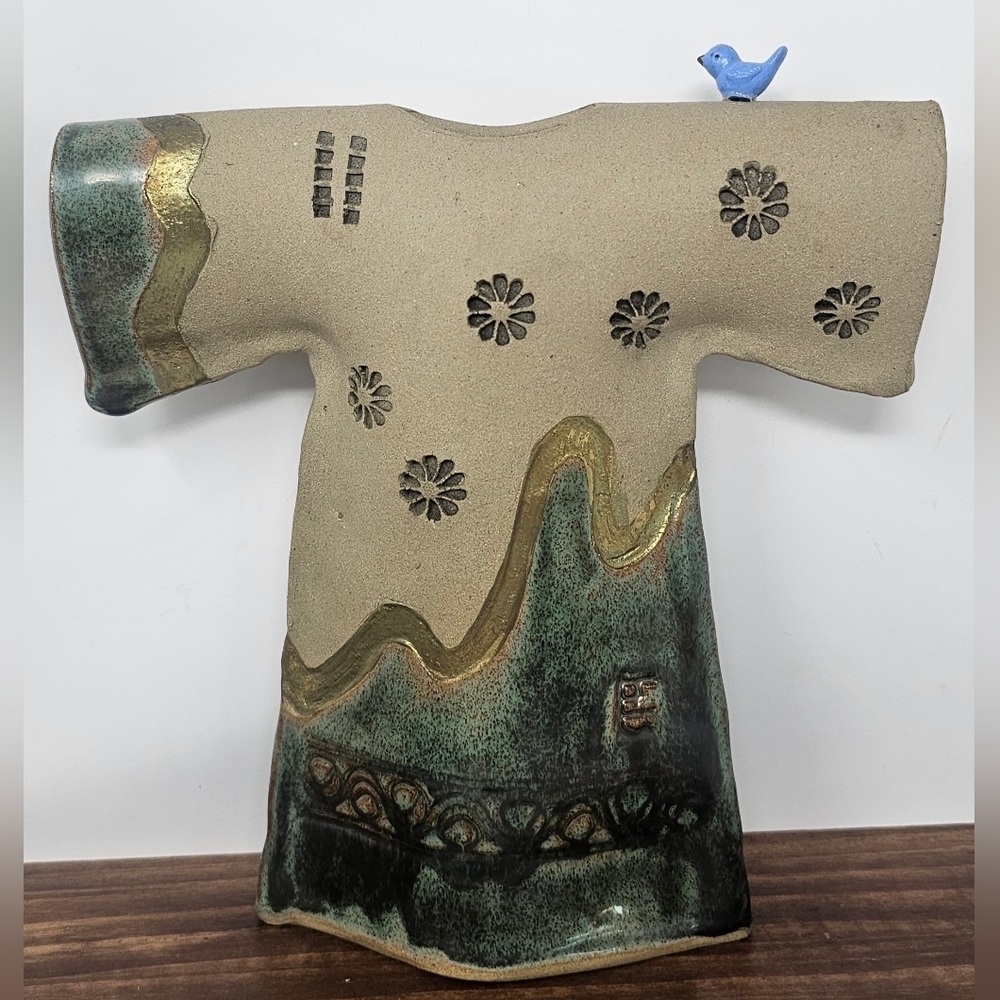 Handmade Art Pottery Kimono Vessel Vase With Bird By Sue Baldwin 9.5X8.5 Signed - Picture 2 of 16